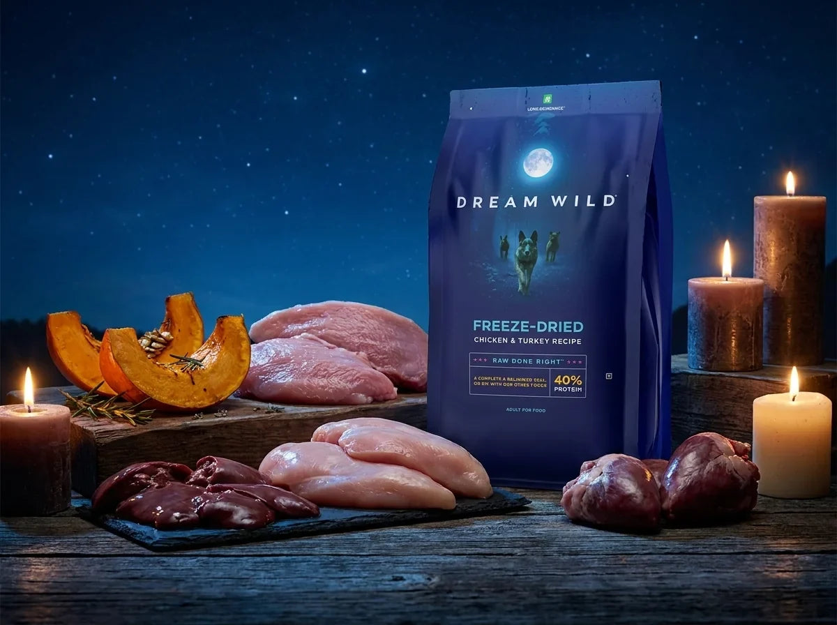 Freeze-dried dog food bag with fresh ingredients