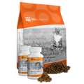 All Life Stage Cat Food bag with two Wellness Food Supplement bottles and piles of kibble