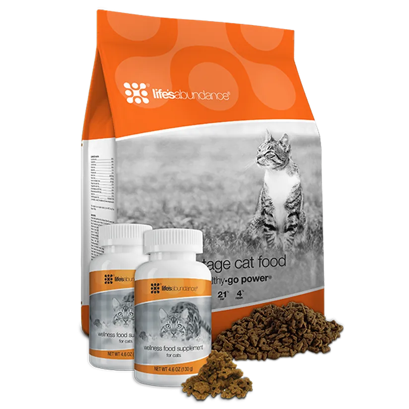 All Life Stage Cat Food bag with two Wellness Food Supplement bottles and piles of kibble