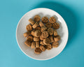 Gourmet Dental Treats in a white bowl on a teal background