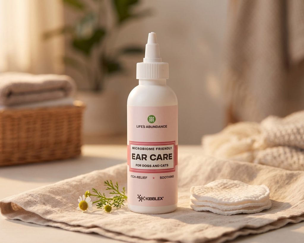 Ear Care bottle for dogs and cats on a linen cloth beside cotton pads and chamomile flowers