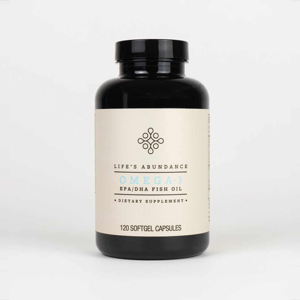 Omega-3 EPA/DHA Softgels 120-count black bottle on a plain white background