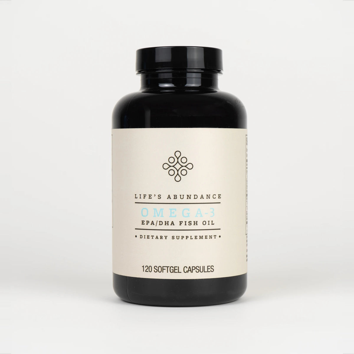 Omega-3 EPA/DHA Softgels 120-count black bottle on a plain white background