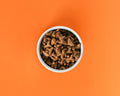 Gourmet Cat Treats in a white bowl on an orange background, photographed from above