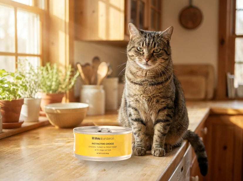 Cat waiting on the kitchen counter beside a can of Instinctive Choice