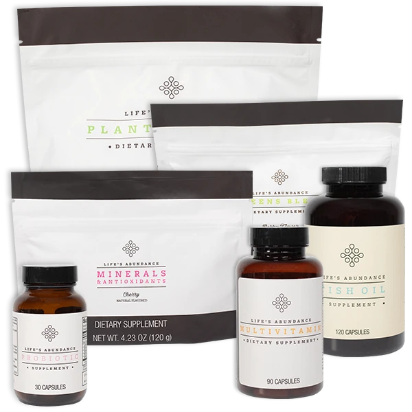 Life's Abundance chocolate nutrition bundle with plant protein pouches and supplement bottles