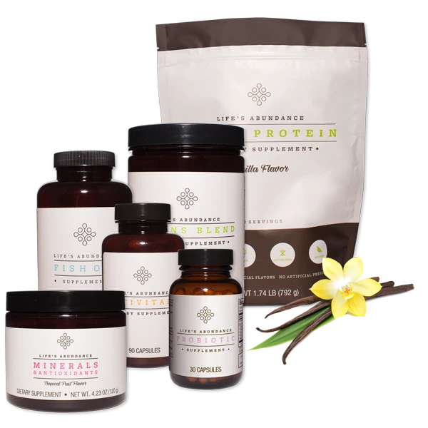 Life's Abundance vanilla nutrition bundle with a plant protein pouch and supplement jars