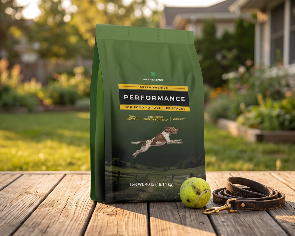 Performance Dog Food for All Life Stages 40 lb bag on a sunlit backyard deck with a tennis ball and leash
