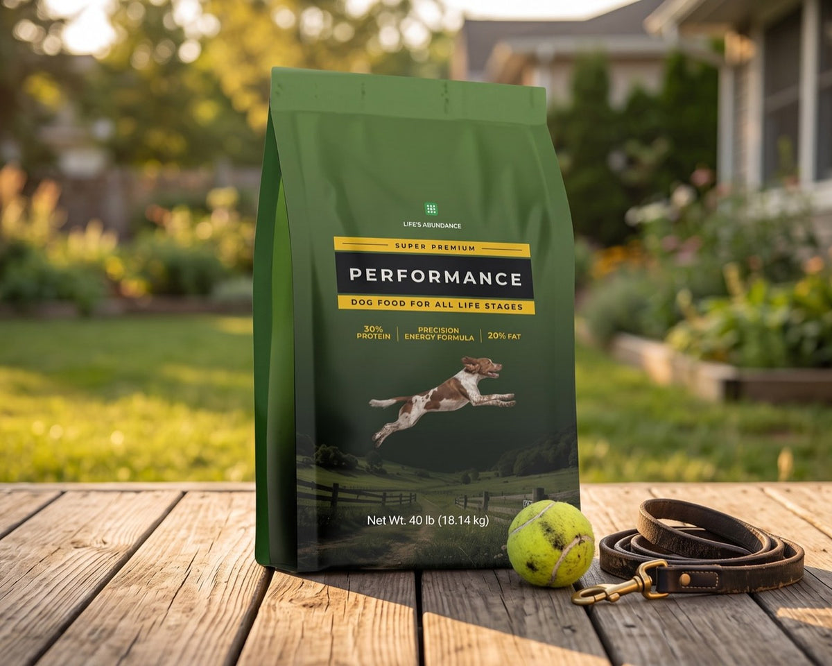 Performance Dog Food for All Life Stages 40 lb bag on a sunlit backyard deck with a tennis ball and leash