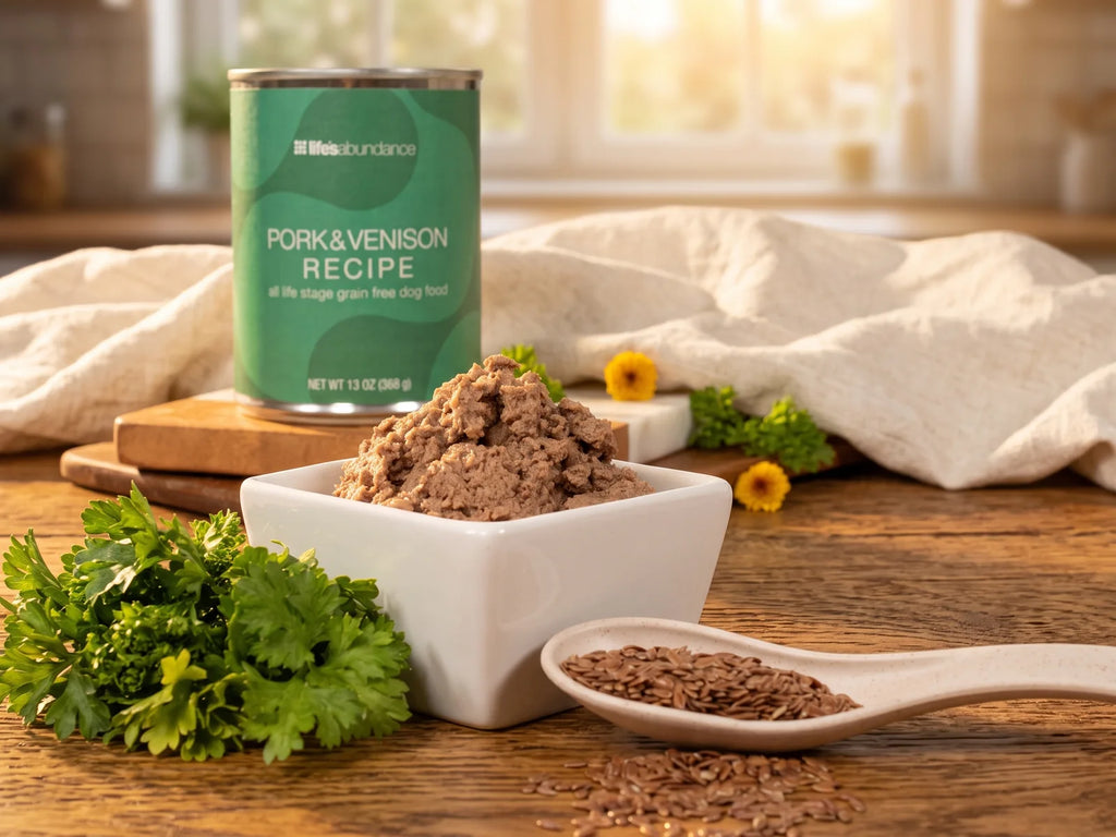 Pork & Venison Recipe 13 oz can beside a bowl of the food, parsley and flaxseed on a kitchen table