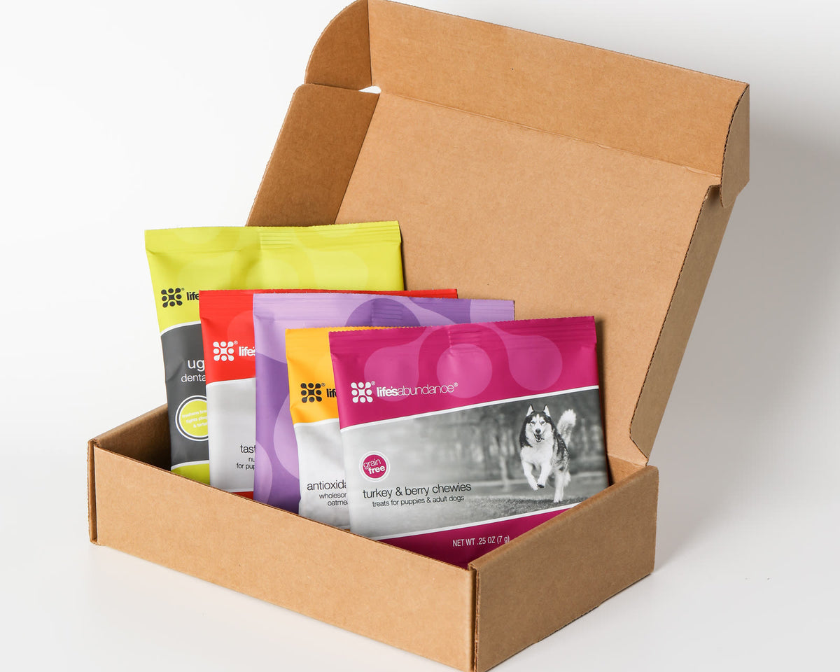 Open Dog Treat Sampler Pack box with five treat sachets inside