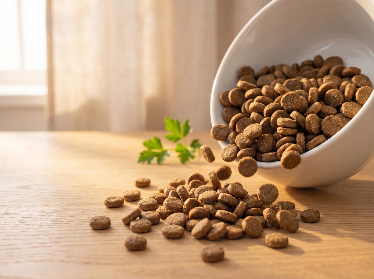 Lamb Meal and Brown Rice Recipe kibble spilling from a bowl in warm morning light